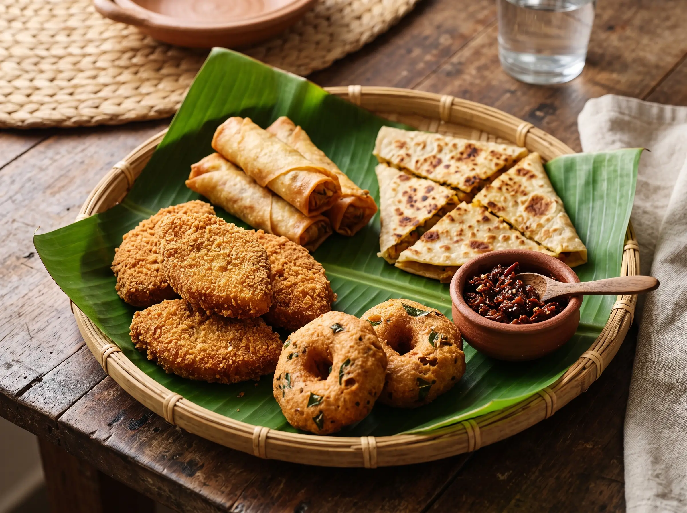 Fish cutlets, vegetable rolls, roti and vadai in a banana-leaf lined cane basket